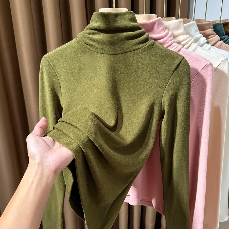双面德绒长袖堆堆高领修身打底衫磨毛T恤内搭一体绒保暖气质小衫