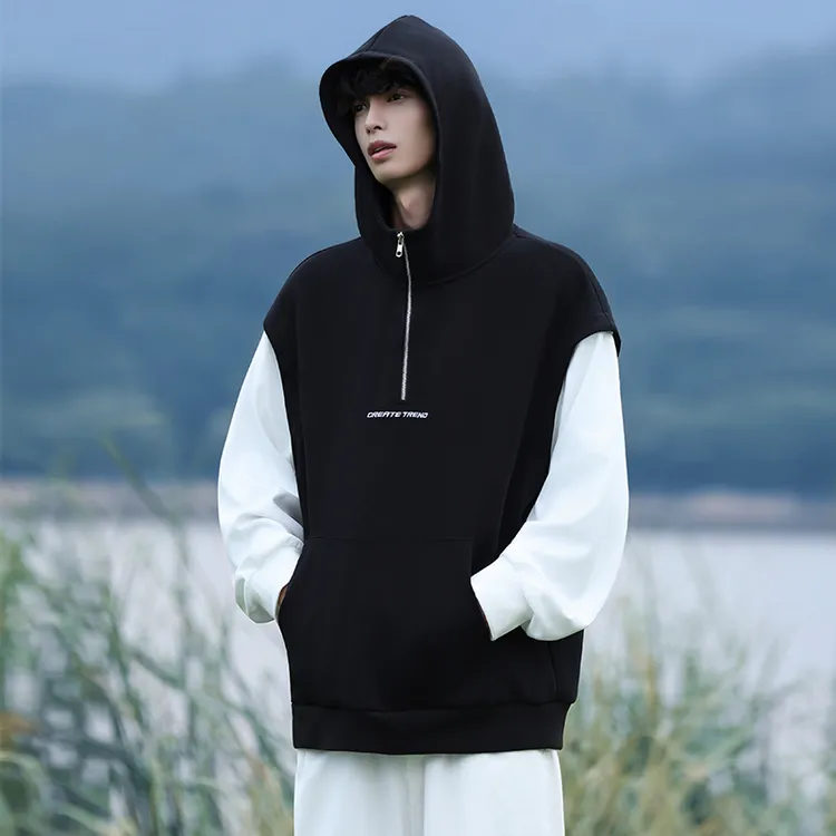 假两件拼接袋鼠兜连帽卫衣秋季新款男款体恤潮流宽松百搭上衣T恤