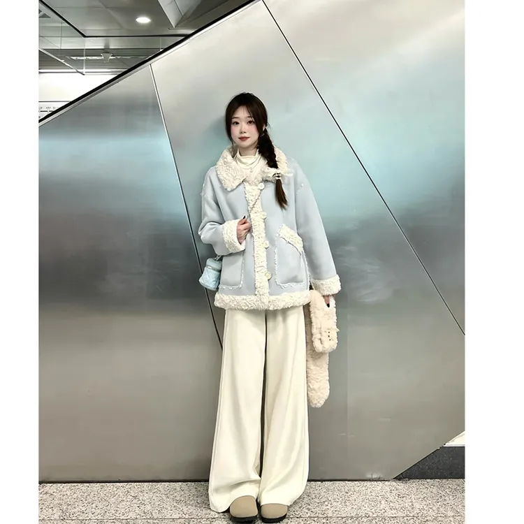 蓝色皮毛一体外套女秋冬季韩系秋季超好看秋冬加绒厚棉服冬天穿搭