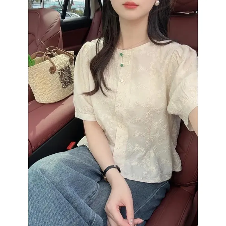 新中式设计感圆领刺绣短袖棉衬衫女2025夏季小个子洋气时尚小衫潮