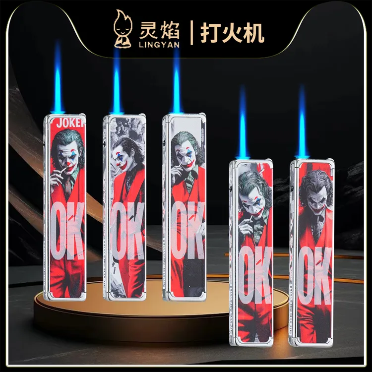 新款个性小丑风格金属蓝焰可充气防风打火机加厚送男友礼物耐用款