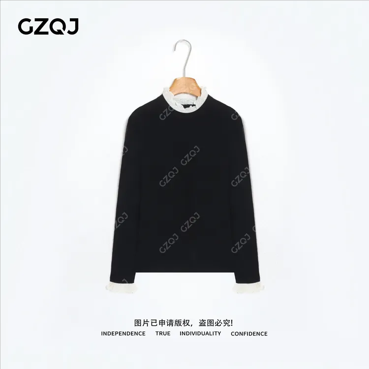 老琴私服【黑巧蕾丝】绵羊毛冬季新款蕾丝拼接打底针织衫女 78104