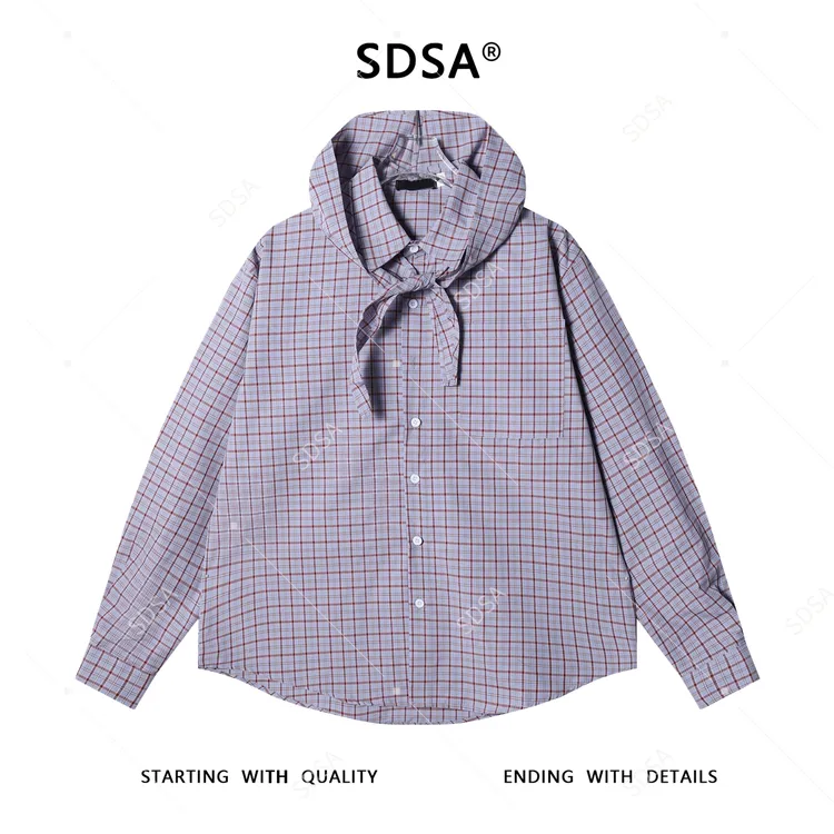 SDSA秋冬新款痞帅男装美式复古格子披肩连帽衬衫高级百搭开衫衬衣