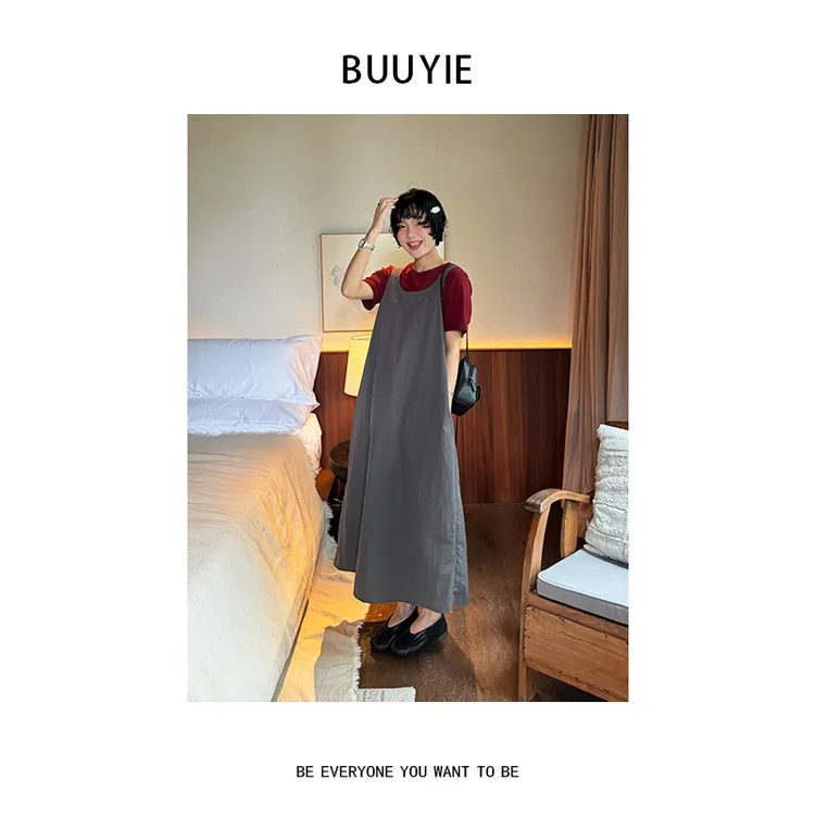 BUUYIE 25SS【砾垂】灰色显瘦气质无袖吊带连衣裙 250641