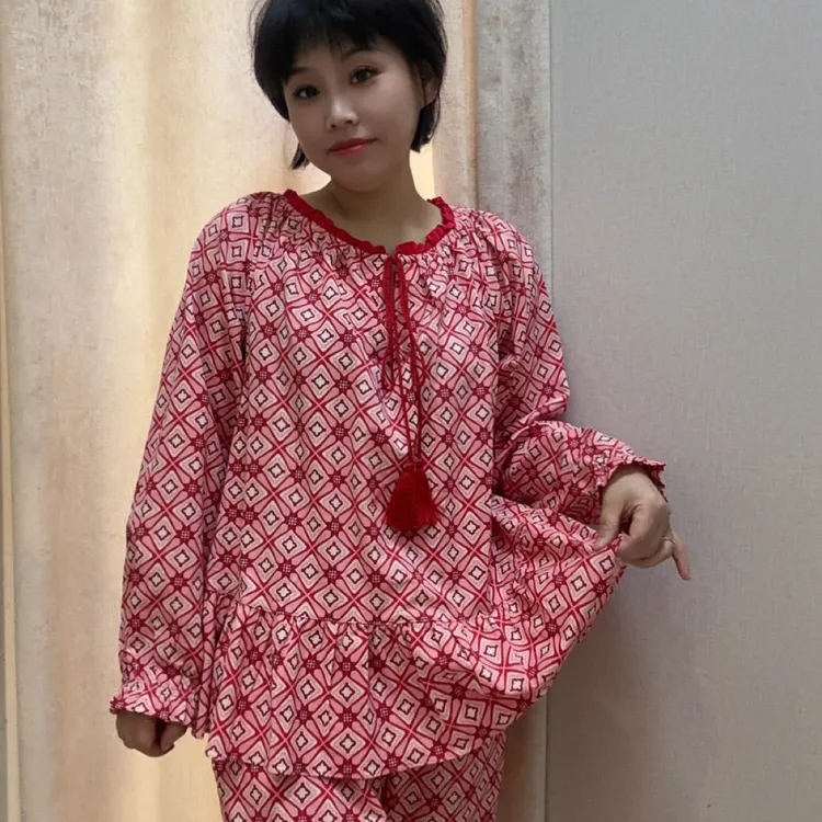 佐雅春秋新款女士七分袖七分裤棉圆领优雅韩版可爱睡衣516374
