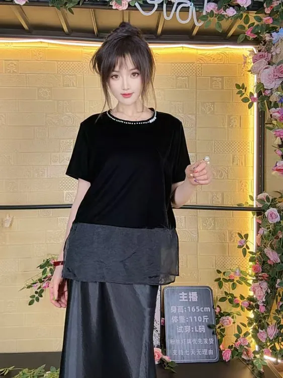 夏季时尚气质百搭重工珍珠领拼接宽松上衣