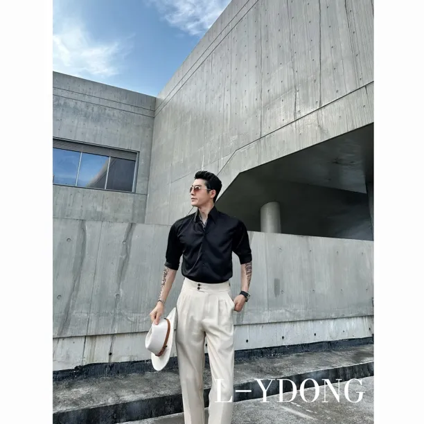 L-YDONG【意式一片领】缎面轻奢英伦老钱风雅痞修身休闲衬衫3319