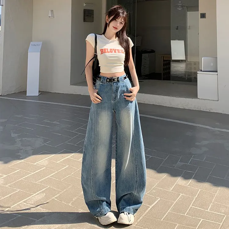 美式复古阔腿弯刀牛仔裤女2025秋季新款高腰宽松设计感拖地镰刀裤