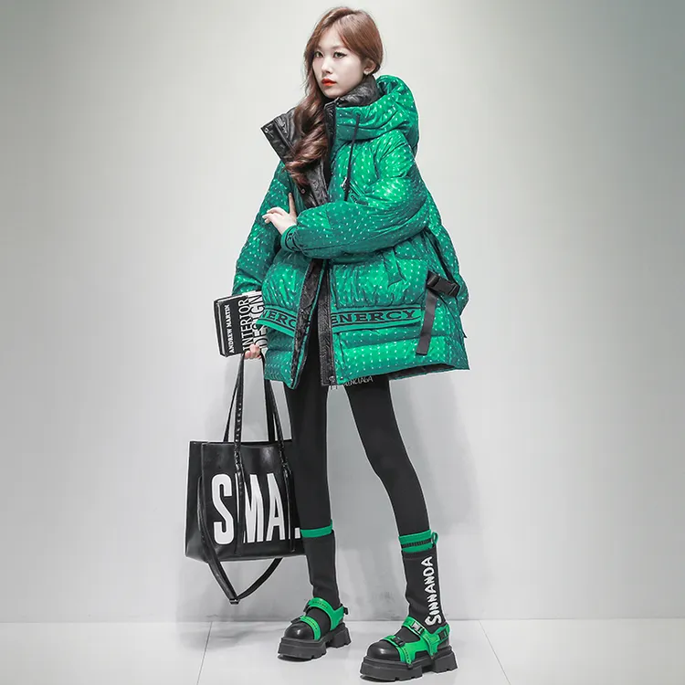 亮面白鹅绒羽绒服女中长款冬季2025新款保暖连帽撞色刺绣鹅绒服潮