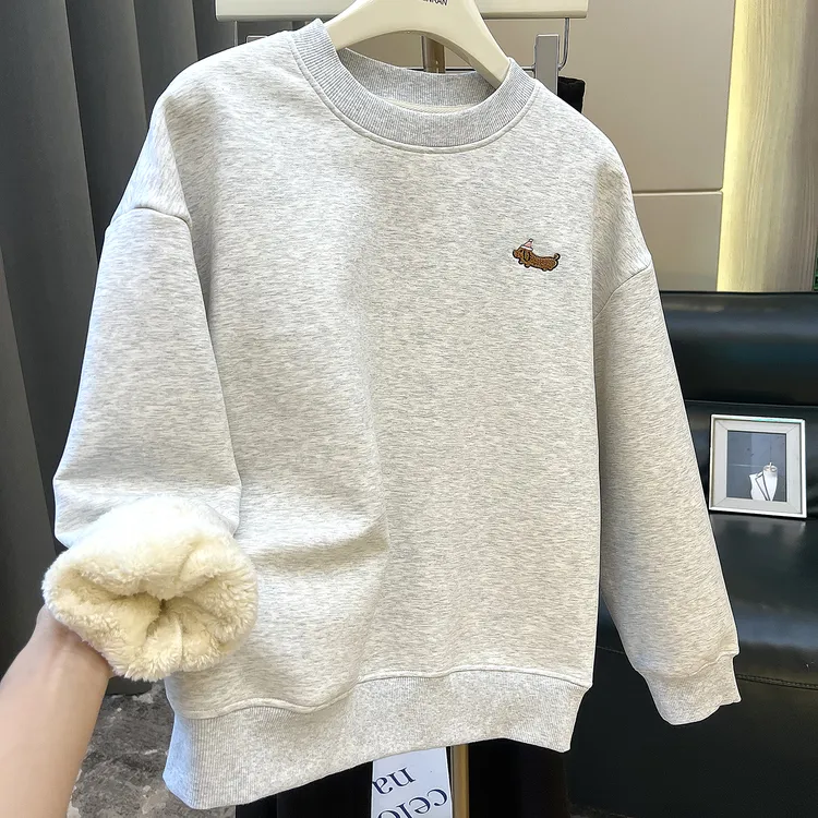 加绒加厚款圆领外套卫衣女2025秋冬新款仿羊羔绒韩版宽松休闲上衣