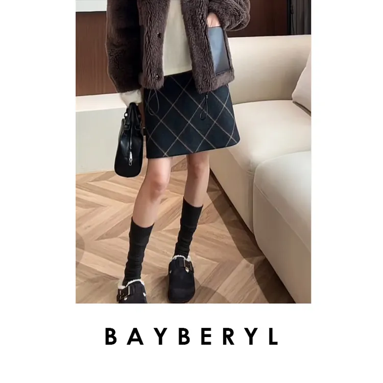 CC12-BAYBERYL老贝枫信*格纹复古A字短裙毛呢25秋半身裙YQ5I1009-