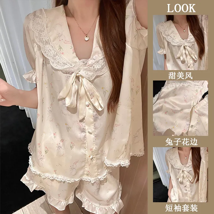 冰丝睡衣女夏季新款甜美风兔子蕾丝花边韩版可外穿短袖家居服套装