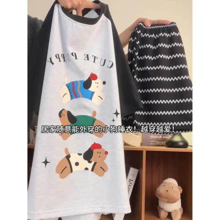 睡衣女夏季薄款短袖棉质套装2025新款可爱外穿网红爆款家居服小狗