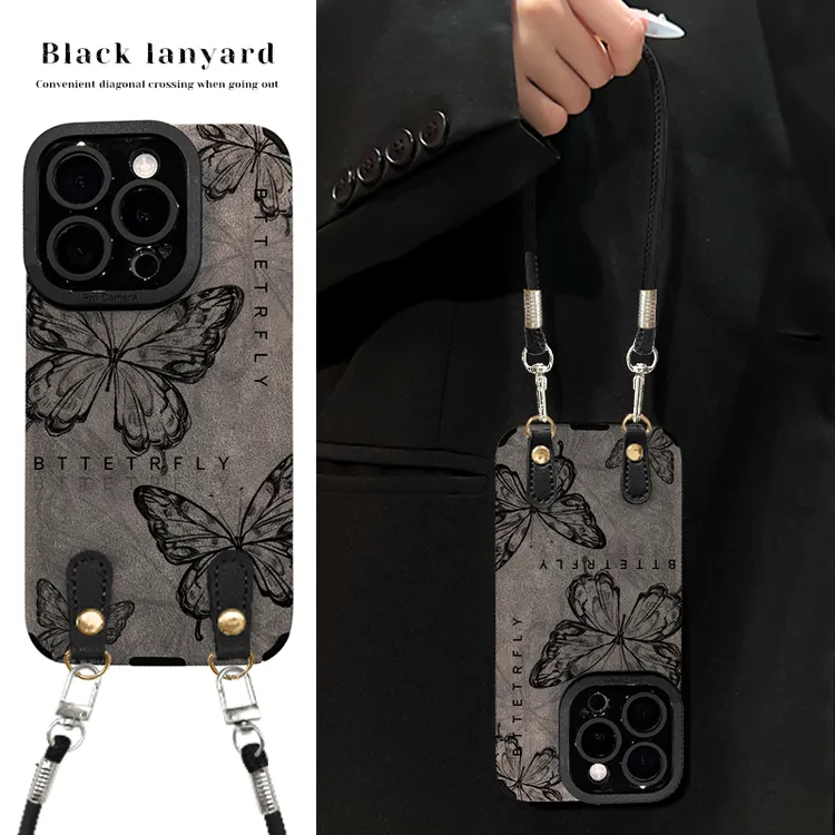 线条蝴蝶适用苹果16华为vivo小米oppo瞳眼翻毛皮手机壳女防摔ins