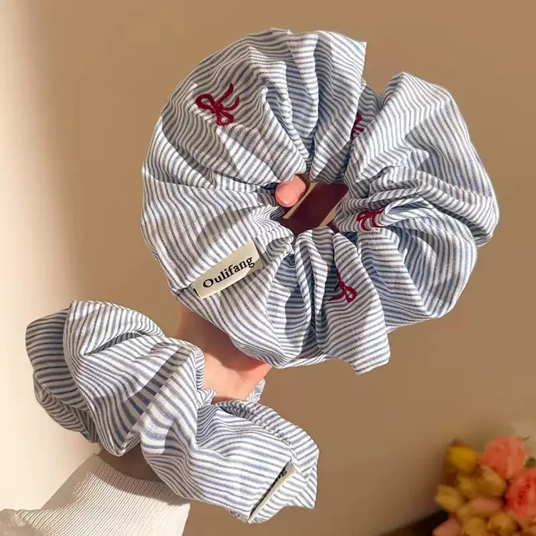 2025新款蓝色条纹刺绣红色樱桃蝴蝶结大肠发圈大号丸子头马尾头绳