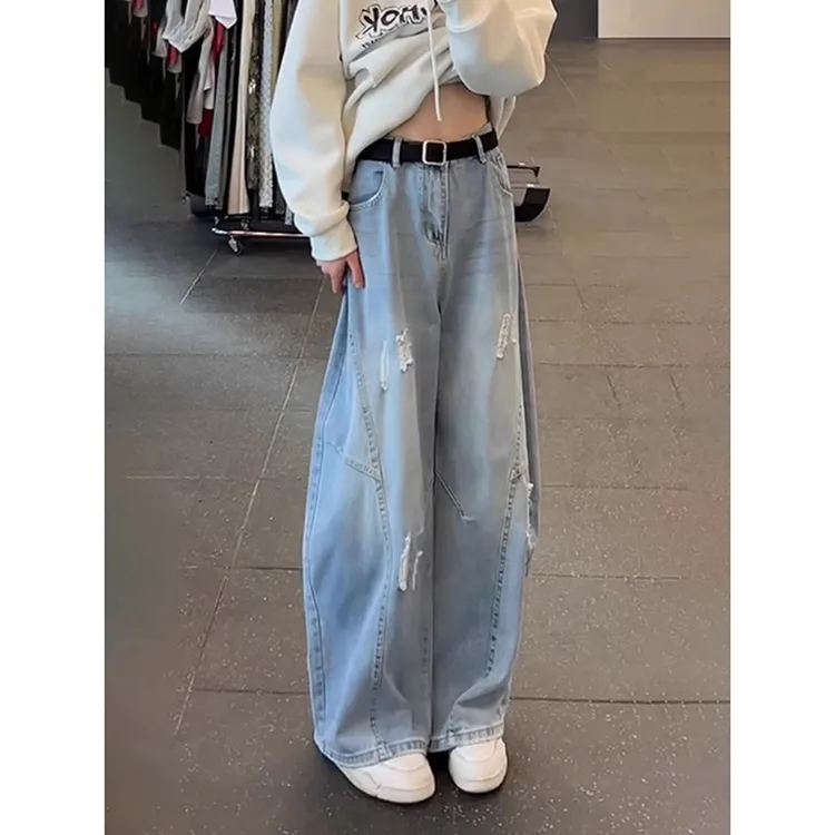 浅蓝色阔腿破洞牛仔裤男高级痞帅弯刀裤子美式cleanfit直筒微喇裤