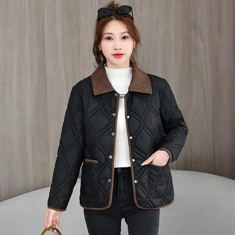 薄款拼接翻领女宽松保暖棉服棉衣外套百搭秋冬小个子显瘦