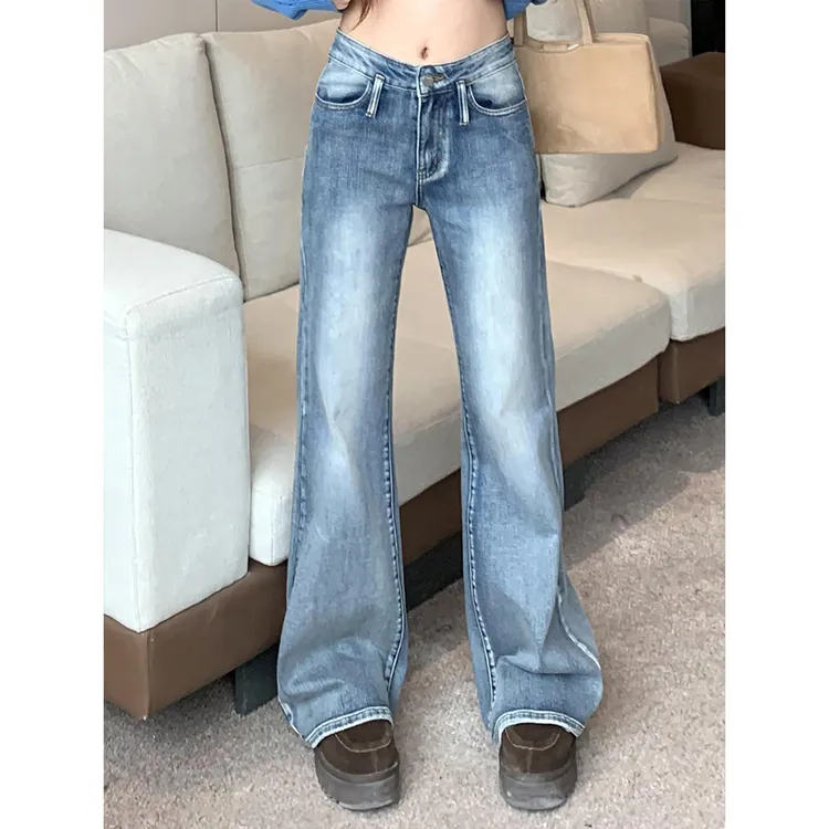 美式复古磨白微喇牛仔裤女秋季新款高腰修身弹力显瘦直筒喇叭裤子