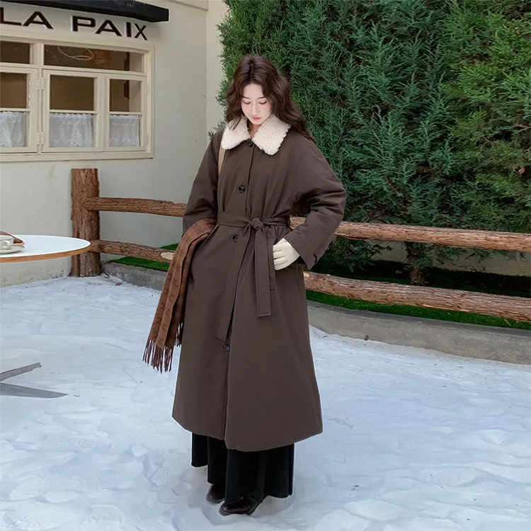 翻领风衣式长款派克羽绒服女冬季新款收腰白鸭绒内胆加厚大衣外套