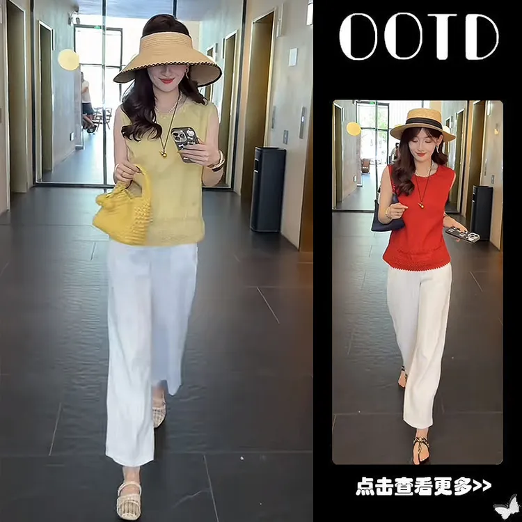 夏季流行穿搭一整套女2025新款设计感无袖衬衫高腰休闲裤两件套潮
