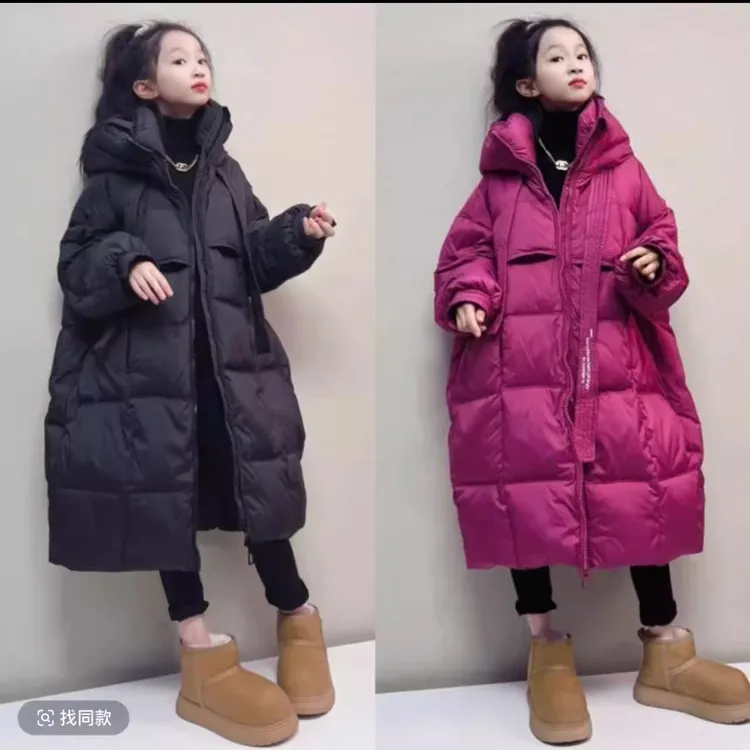 女童长款宽松2025新款羽绒服时尚飘带连帽韩版白鸭绒外套中大童潮