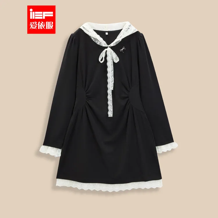 IEF/爱依服【微胖】大码女装2025秋季新款甜美风蕾丝拼接连衣裙