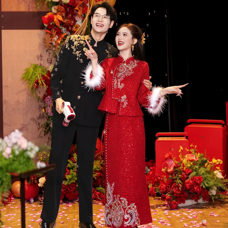 新中式秋冬敬酒服高级感小个子新娘结婚旗袍保暖回门服订婚礼服女