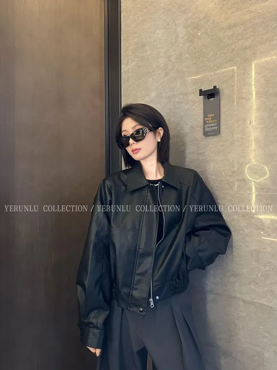 YERUNLU经典款2025甜酷女孩春秋新款垂软夹克皮衣外套