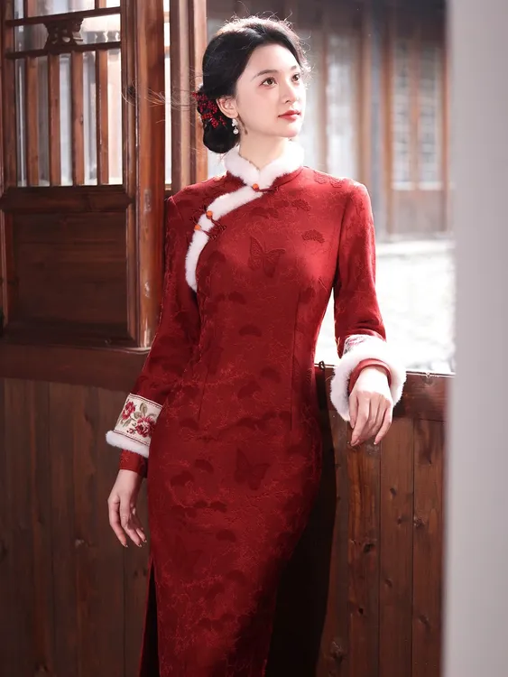 旗袍新中式敬酒服新款改良红色长袖气质订婚连衣裙女日常可穿