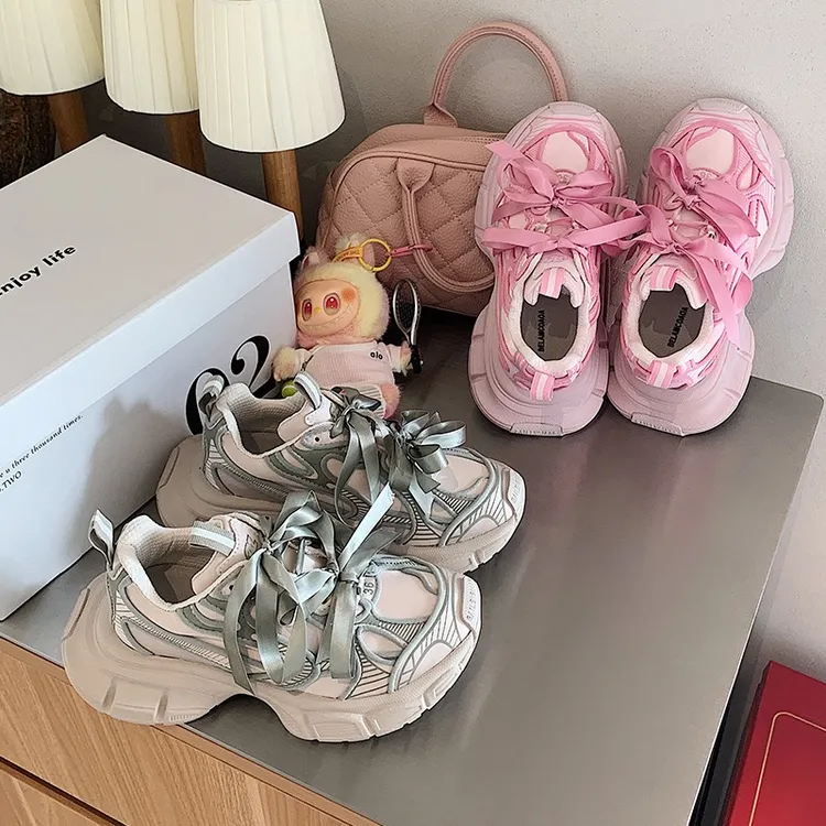 2025新款蕾丝蝴蝶结新款老爹鞋女春秋厚底透气网面运动休闲鞋