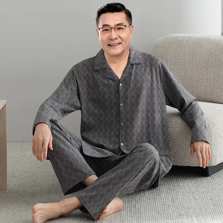 LEVTCHBORZT休闲睡衣纯棉长袖开衫翻领宽松男士春秋季家居服套装