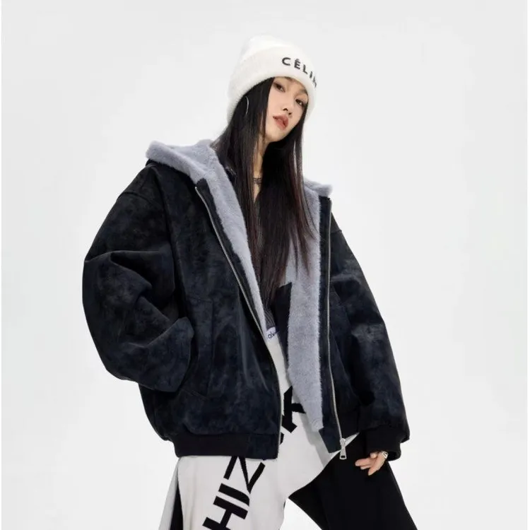 美拉德咖色座山雕棉服外套男女冬季毛领连帽棉衣情侣加绒加厚夹克