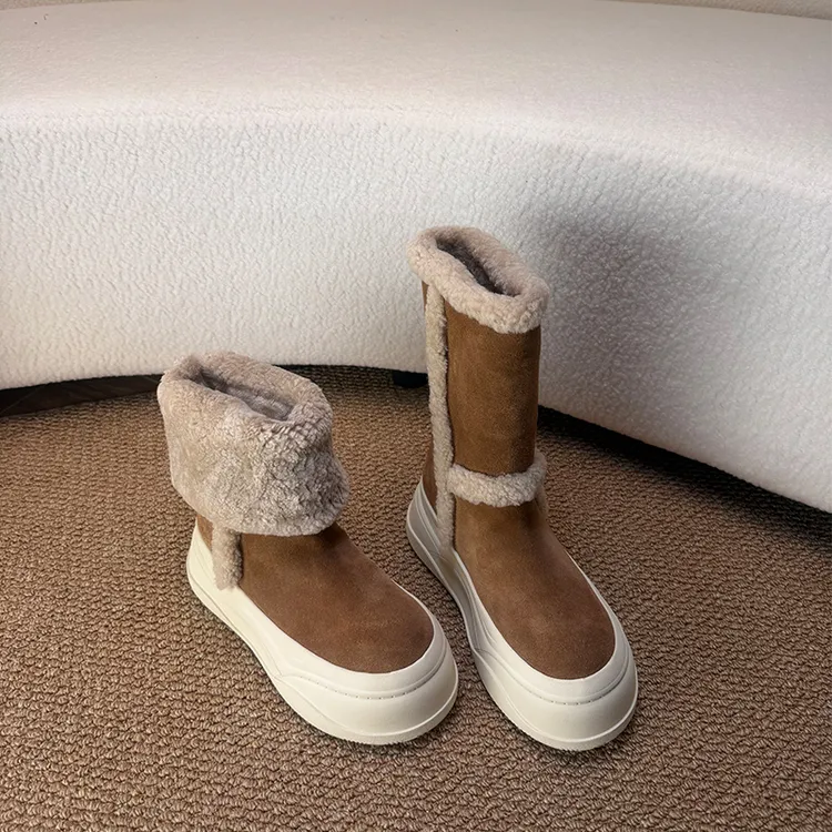 欧货真皮女鞋2025冬季新款时尚百搭厚底雪地靴加绒保暖棉鞋短靴女