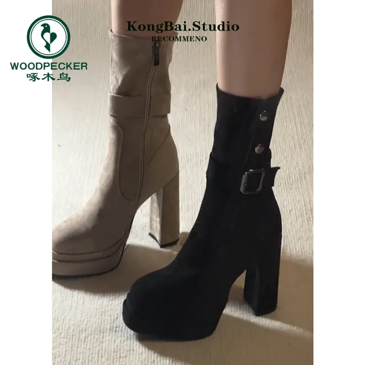 啄木鸟厚底粗跟短靴女款2025新款秋季复古绒面超高跟弹力瘦瘦靴子