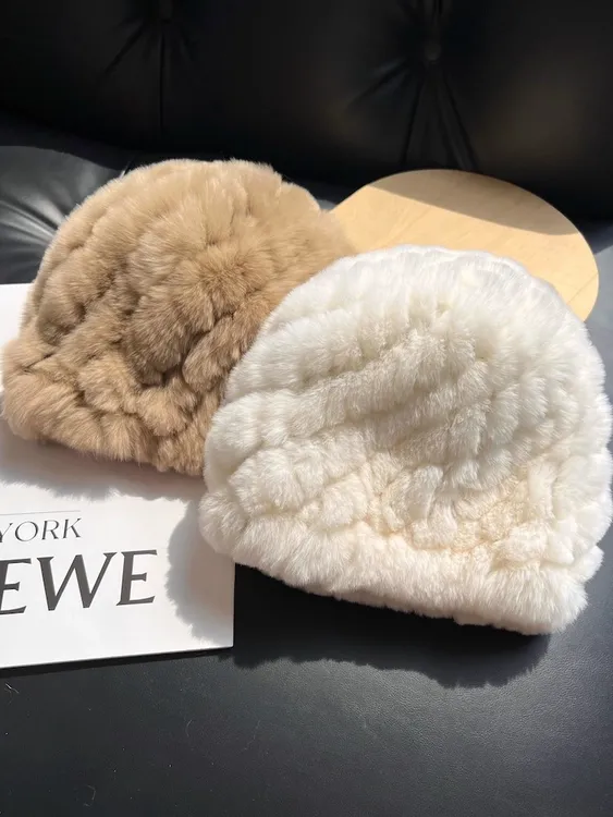 真獭兔毛帽子女加厚毛毛帽皮草防寒保暖护耳毛绒针织帽包头帽秋冬