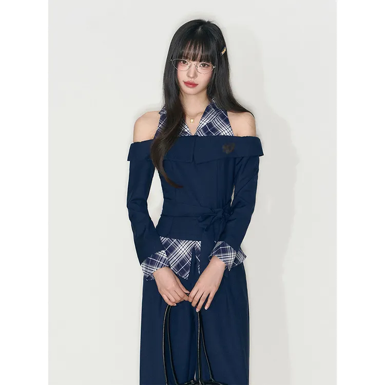 韩系设计感挂脖格子拼接上衣套装女秋季新款高腰阔腿休闲裤两件套