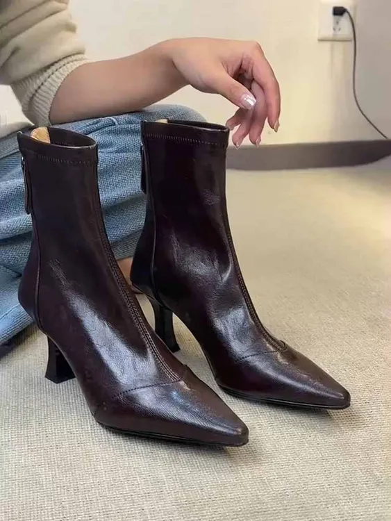 羊皮~高跟尖头短靴法式细跟弹力靴女百搭软皮拉链真皮瘦瘦靴」