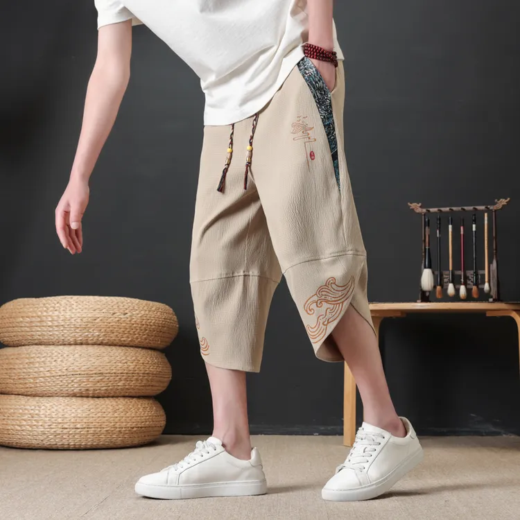 新中式男裤夏季七分宽松休闲裤子男潮牌冰丝短裤大码男士直筒阔腿