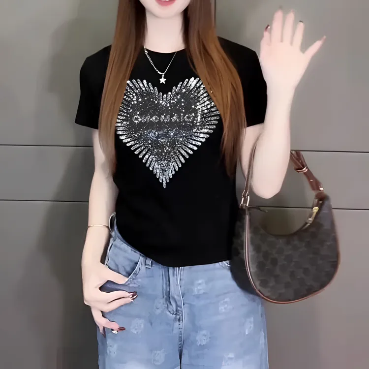 重工烫钻短袖棉t恤大码2025夏季新款胖MM高级感圆领正肩上衣-5712