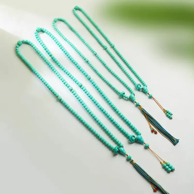 精品瓷高绿色老型珠项链雕刻顶腰隔珠三通背云男女款多圈原创饰品