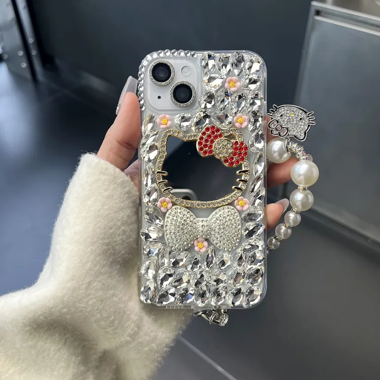 满钻KT镜子适用苹果16promax手机壳轻奢高定iPhone15补妆镜14软13