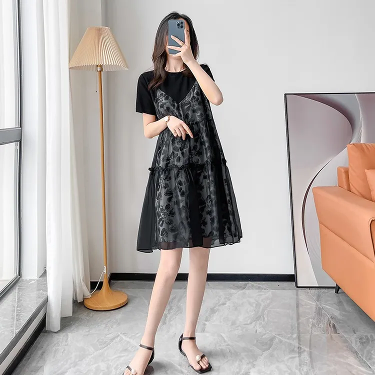 独特漂亮薄纱连衣裙女夏季新款宽松遮肚显瘦娃娃裙法式短袖A字裙