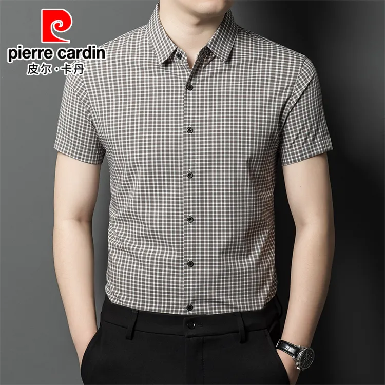 皮尔卡丹正品男士格子短袖衬衫新款夏季薄款时尚休闲高端商务衬衣