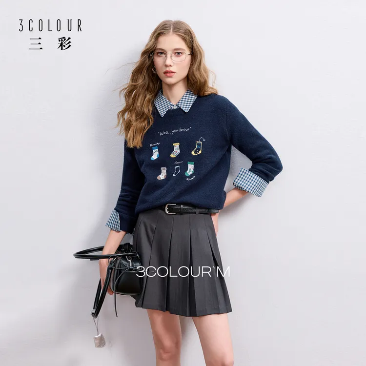 【绵羊毛】三彩2025秋冬季新款圆领刺绣字母针织衫套头衫显瘦女M