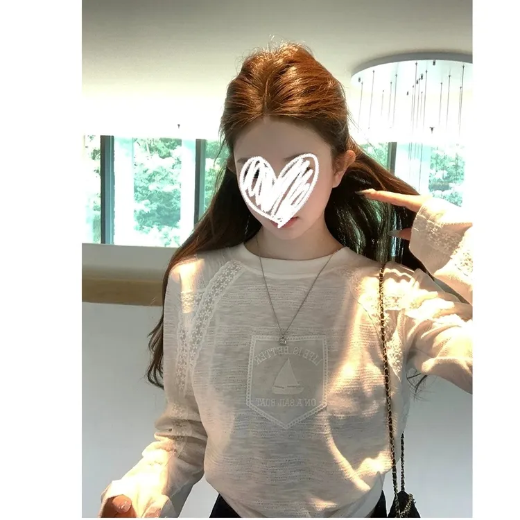 韩系松弛感设计感拼接花边蕾丝白色长袖T恤女
