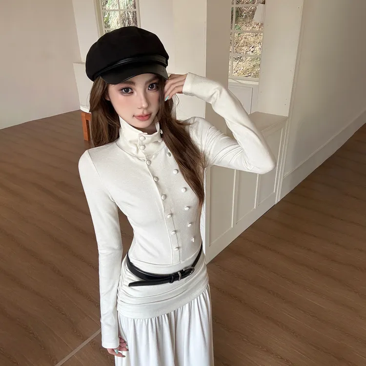 法式复古高领白色长袖连衣裙秋冬双排扣设计感气质修身A字长裙