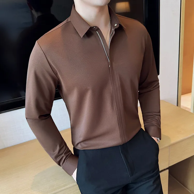 新款暗门襟拉链长袖衬衫男士春秋季无痕弹力修身潮流商务休闲衬衣