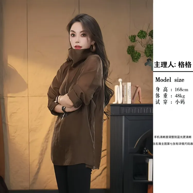 【格小姐】1529-2新款欧版潮流时尚气质设计感开叉高领打底衫T恤女