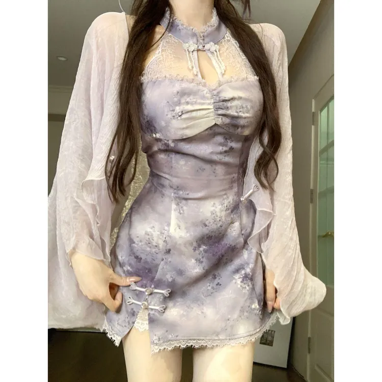 迷幻紫啧  夏季国风新中式小众设计连衣裙纯欲少女旗袍小个子印花