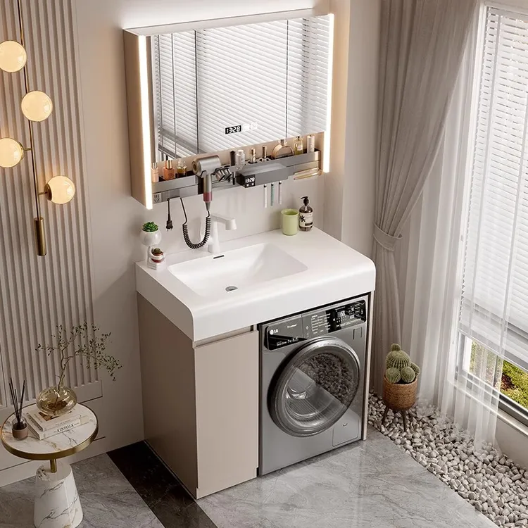 适用小户型可丽耐一体机上盆洗衣机一体柜实木卫生间洗手盆洗漱台